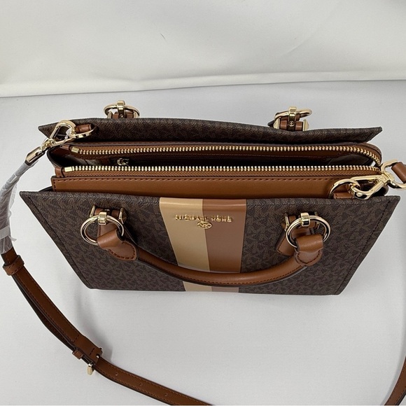 Michael Kors Marilyn Signature Medium Satchel Bag Brown Beige Stripe - Picture 9 of 10